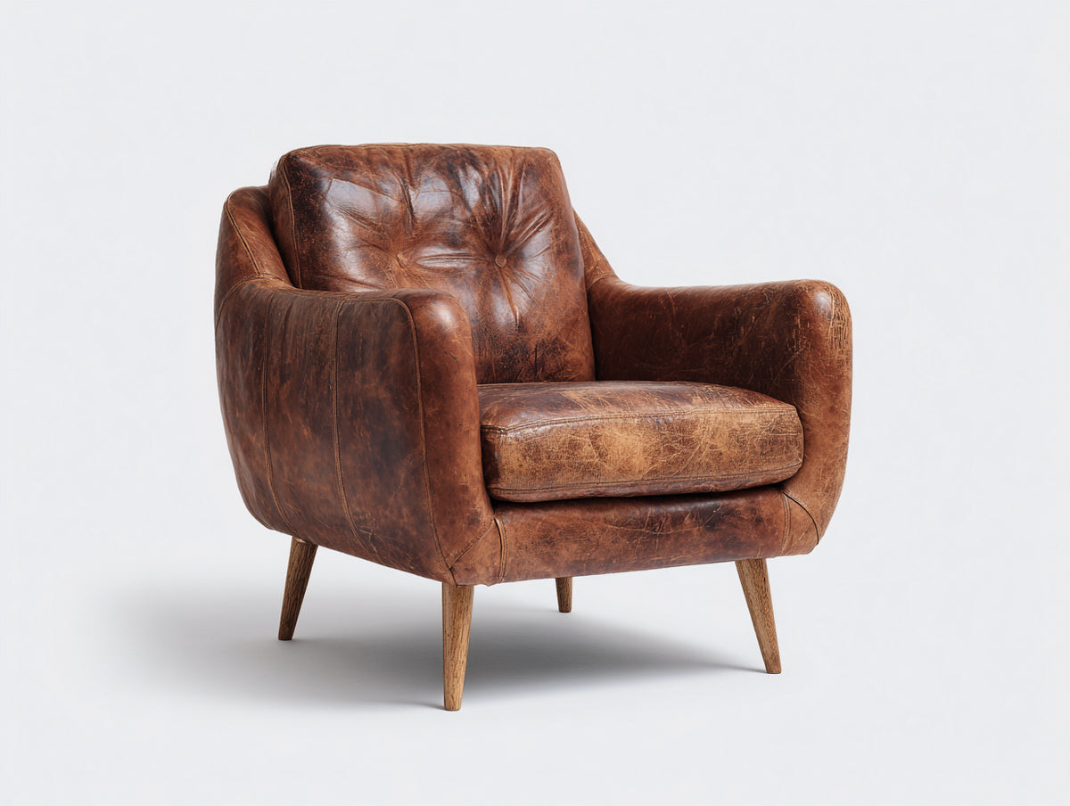 Poltrona - Pelle - 86 x 82 x 81 cm - Marrone tabacco-Noce - Stile vintage con schienale trapuntato