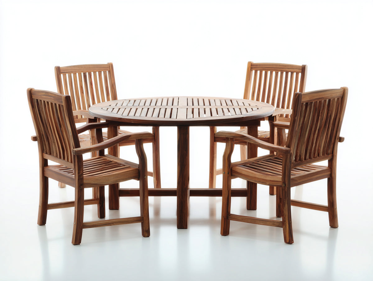 Set da pranzo da esterno - Legno - 145 x 145 x 75 cm - Marrone naturale - Stile classico con piano rotondo