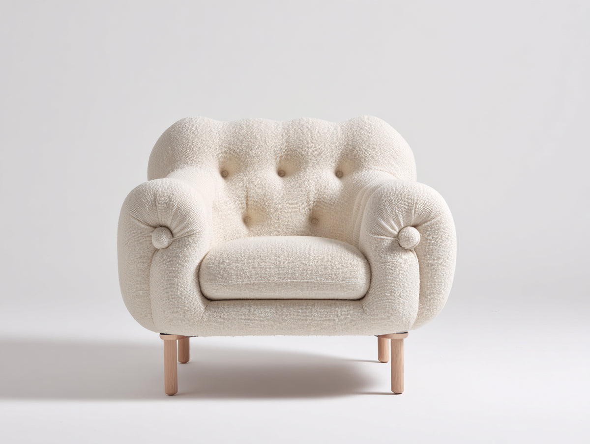 Poltrona - Tessuto bouclé - 90 x 80 x 77 cm - Crema-Rovere chiaro - Stile moderno trapuntato
