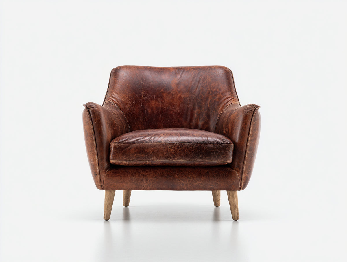 Poltrona - Pelle - 81 x 79 x 83 cm - Marrone testa di moro-Rovere - Stile rétro essenziale