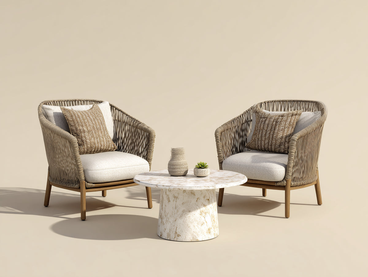 Divani da esterno - Rattan sintetico-Legno-Tessuto-Pietra - 82 x 80 x 84 cm - Naturale-Beige-Avorio - Stile naturale contemporaneo