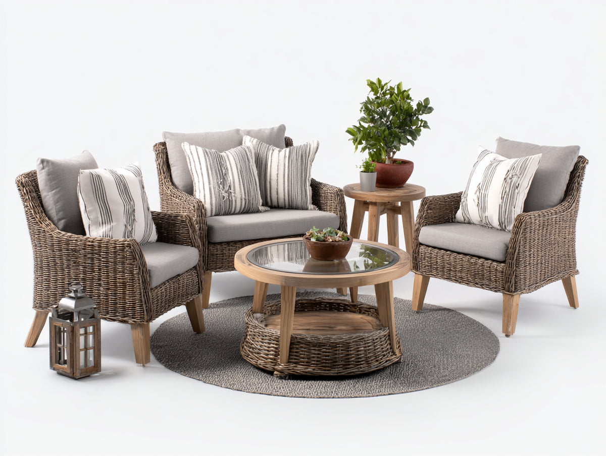 Divani da esterno - Rattan sintetico-Legno-Tessuto-Vetro - 158 x 84 x 86 cm - Marrone naturale-Grigio chiaro - Stile rustico contemporaneo