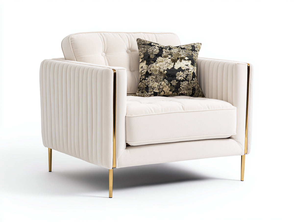Poltrona - Tessuto - 92 x 86 x 84 cm - Avorio-Oro - Stile contemporaneo con trapuntatura verticale