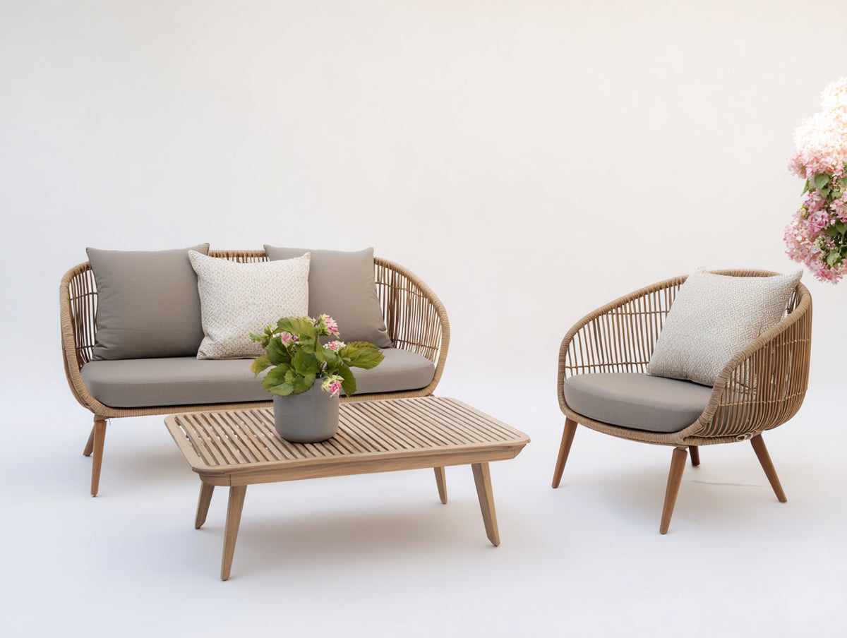 Divani da esterno - Rattan sintetico-Legno-Tessuto - 168 x 82 x 81 cm - Naturale-Grigio tortora - Stile contemporaneo