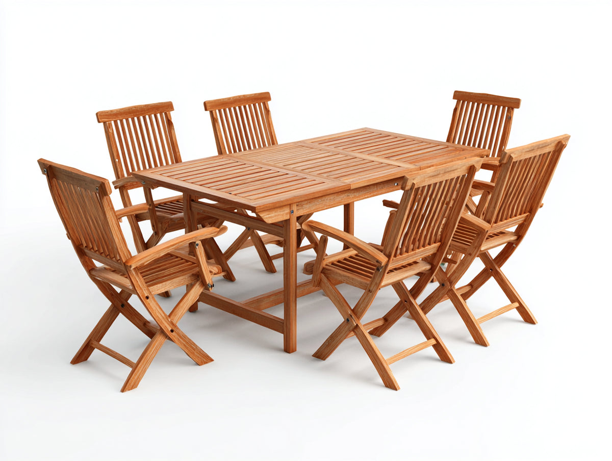 Set da pranzo da esterno - Legno - 180 x 100 x 75 cm - Marrone teak - Stile naturale con sedie pieghevoli