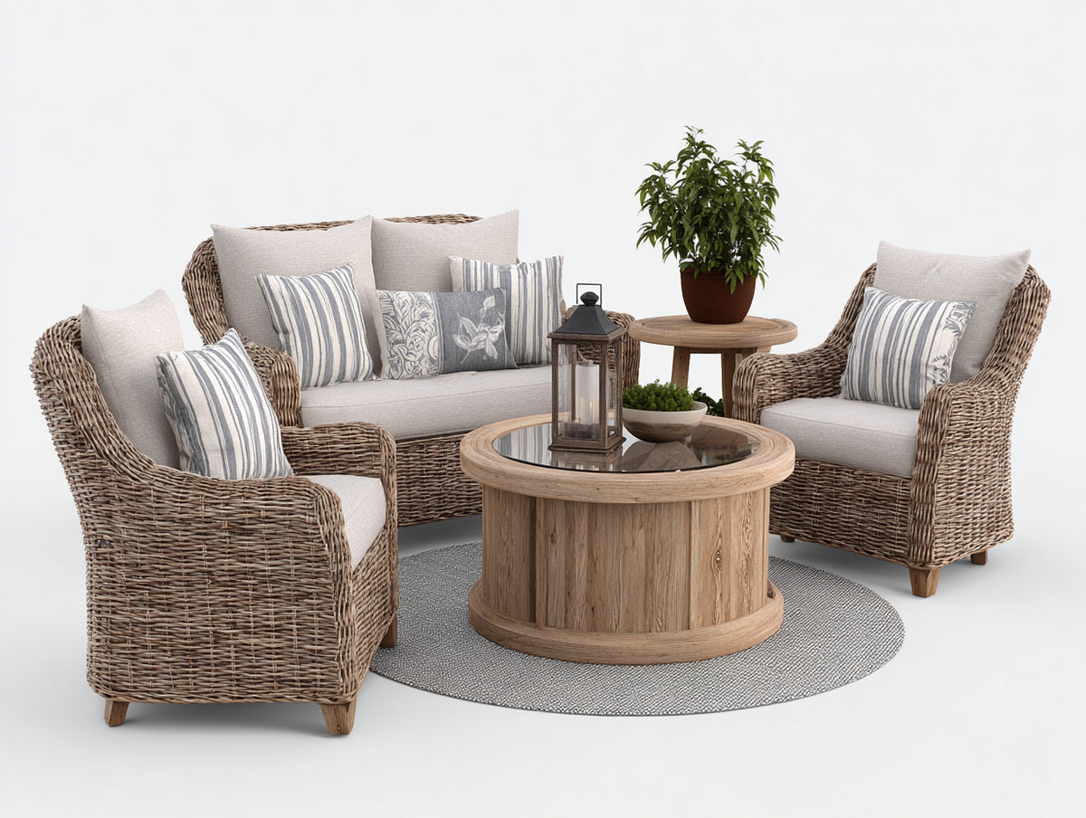 Divani da esterno - Rattan sintetico-Legno-Tessuto-Vetro - 176 x 90 x 88 cm - Marrone naturale-Beige - Stile rustico contemporaneo