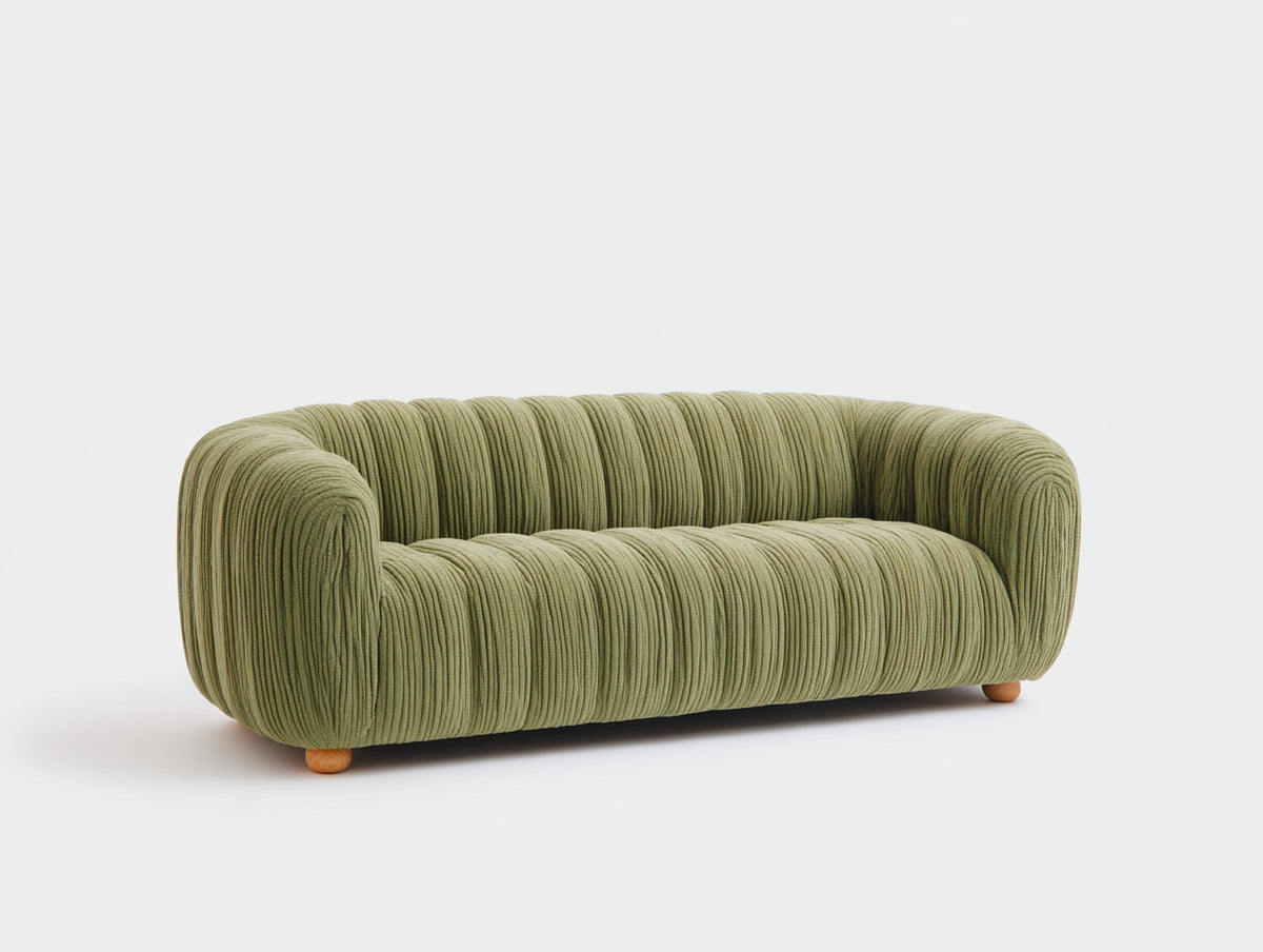 Divano lineare - Velluto a coste - 210 x 96 x 78 cm - Verde oliva - Stile contemporaneo arrotondato
